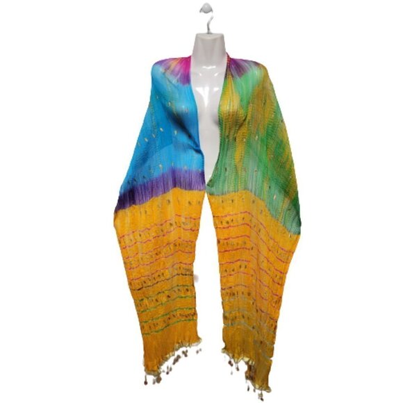 MULTI coloured Blended Cotton Silk Crinkle Scarf Dupatta - Picture 6 of 8